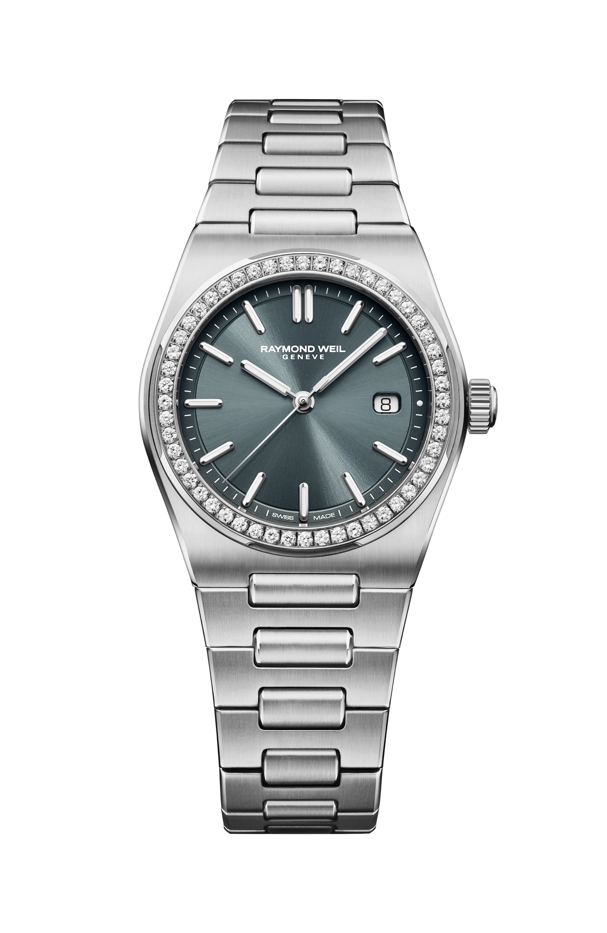 Raymond Weil simple A.R.T. Charcoal Blue Dial Diamond-Set Bezel Integrated Bracelet Quartz Watch, 30 mm 1250-STS-56001