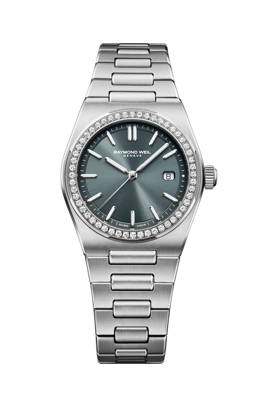 Raymond Weil simple A.R.T. Charcoal Blue Dial Diamond-Set Bezel Integrated Bracelet Quartz Watch, 30 mm 1250-STS-56001