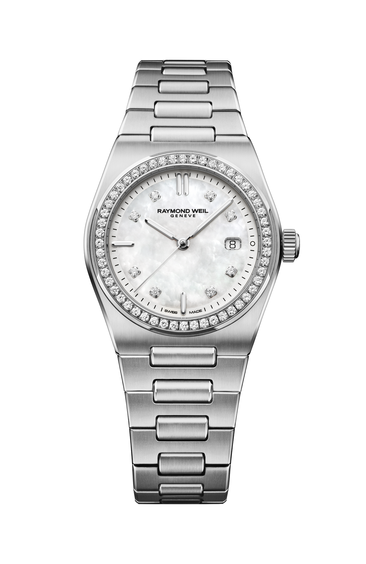 Raymond Weil simple A.R.T. Mother-of-pearl Dial Diamond-Set Bezel Integrated Stainless Steel Bracelet Quartz Watch, 30 mm 1250-STS-97081