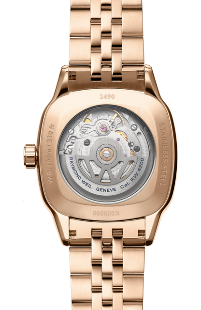 Raymond Weil simple Freelancer Ladies Automatic Green Dial Rose Gold Bracelet Cushion Shape Watch, 34 x 34 mm 2490-P5-52061