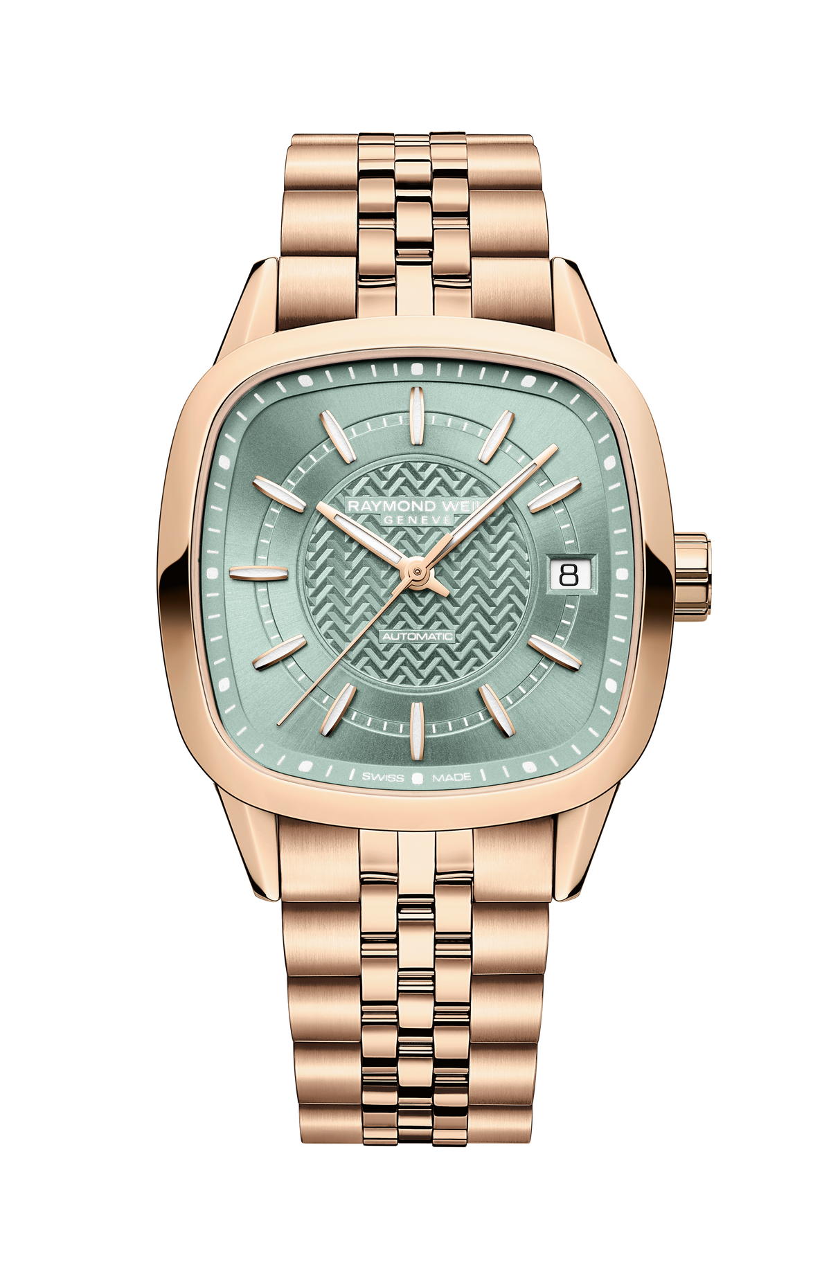 Raymond Weil simple Freelancer Ladies Automatic Green Dial Rose Gold Bracelet Cushion Shape Watch, 34 x 34 mm 2490-P5-52061
