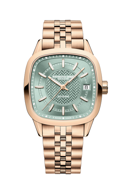 Raymond Weil simple Freelancer Ladies Automatic Green Dial Rose Gold Bracelet Cushion Shape Watch, 34 x 34 mm 2490-P5-52061