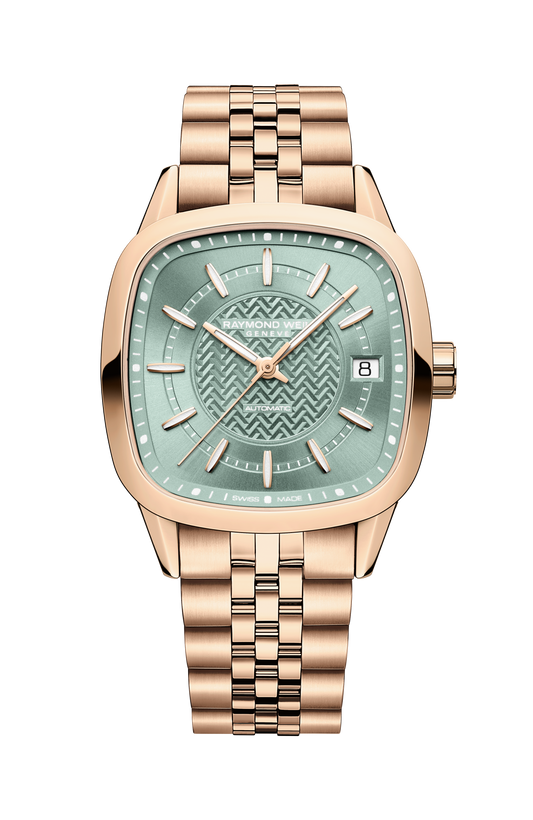 Raymond Weil simple Freelancer Ladies Automatic Green Dial Rose Gold Bracelet Cushion Shape Watch, 34 x 34 mm 2490-P5-52061