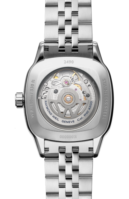 Raymond Weil simple Freelancer Ladies Automatic Ice Blue Dial Bracelet Cushion Shape Watch, 34 x 34 mm 2490-STS-50061