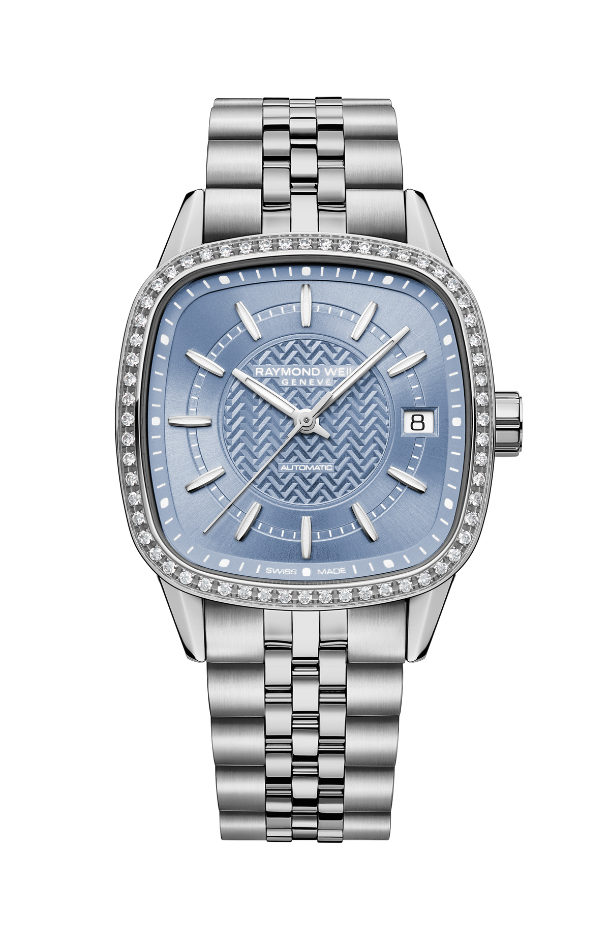 Raymond Weil simple Freelancer Ladies Automatic Ice Blue Dial Bracelet Cushion Shape Watch, 34 x 34 mm 2490-STS-50061
