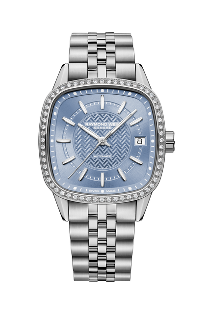 Raymond Weil simple Freelancer Ladies Automatic Ice Blue Dial Bracelet Cushion Shape Watch, 34 x 34 mm 2490-STS-50061