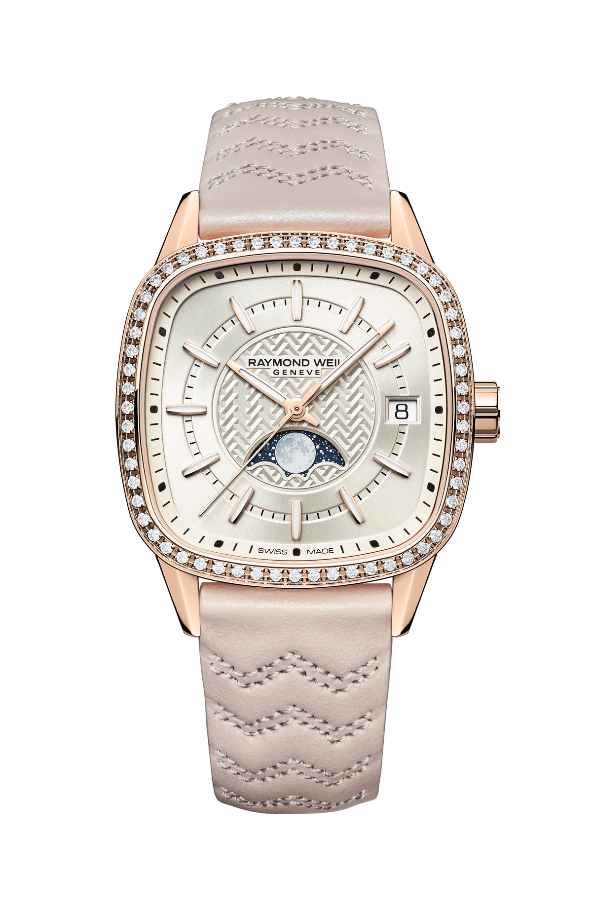Raymond Weil simple Freelancer Automatic Moon Phase and Leather Strap Cushion Shape Watch, 34 x 34 mm 2496-C5S-40051
