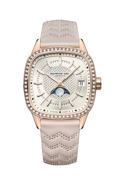 Raymond Weil simple Freelancer Automatic Moon Phase and Leather Strap Cushion Shape Watch, 34 x 34 mm 2496-C5S-40051