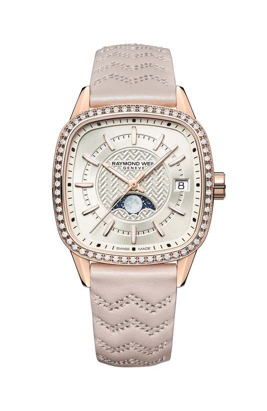 Raymond Weil simple Freelancer Automatic Moon Phase and Leather Strap Cushion Shape Watch, 34 x 34 mm 2496-C5S-40051