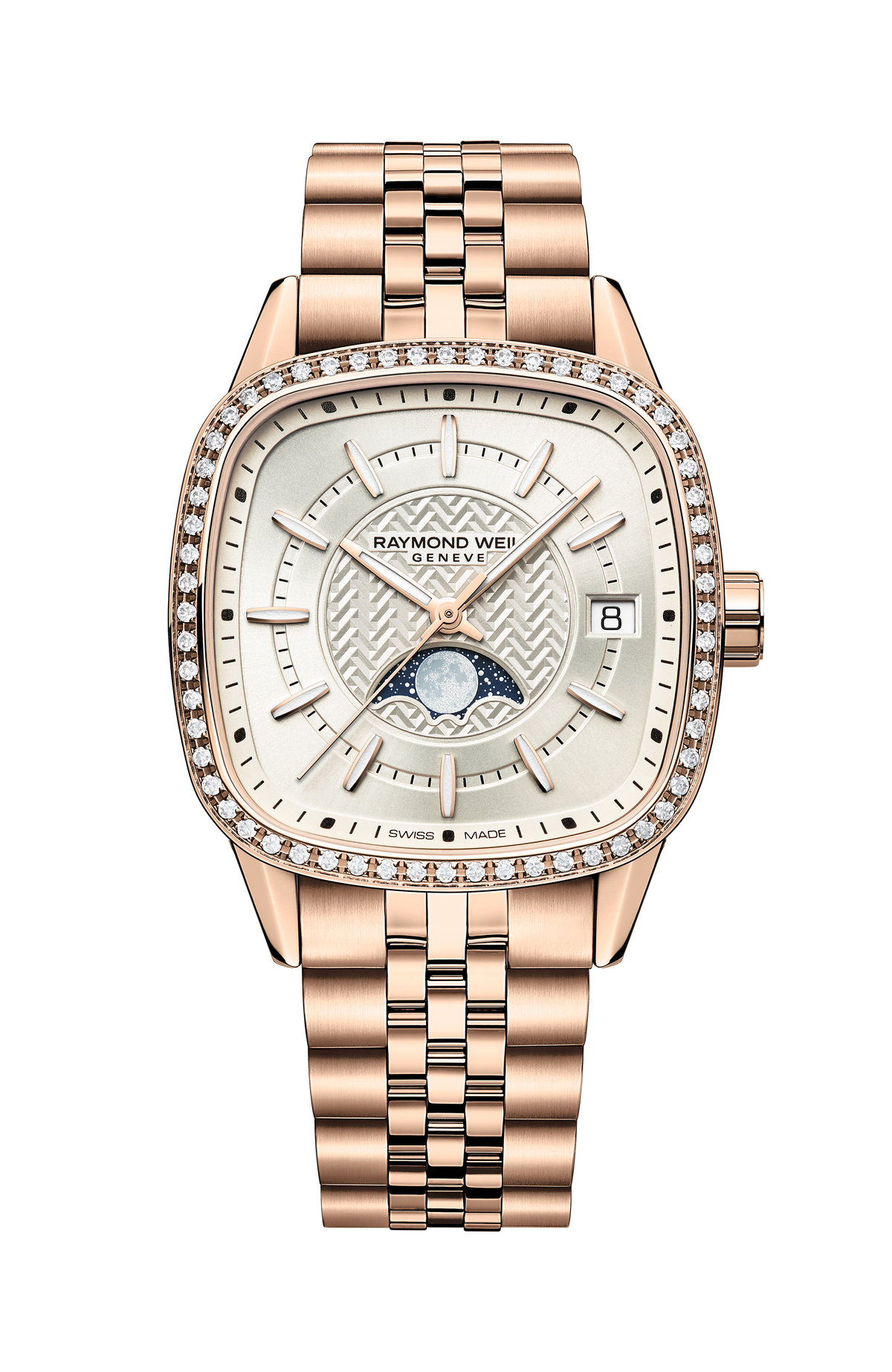 Raymond Weil simple Freelancer Ladies Automatic Moon Phase Cushion Shape Watch, 34 x 34 mm 2496-P5S-40051