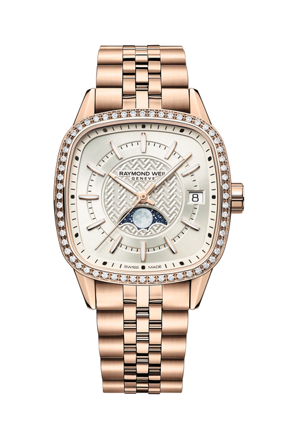 Raymond Weil simple Freelancer Ladies Automatic Moon Phase Cushion Shape Watch, 34 x 34 mm 2496-P5S-40051