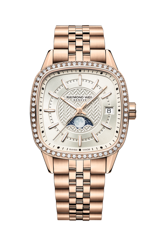 Raymond Weil simple Freelancer Ladies Automatic Moon Phase Cushion Shape Watch, 34 x 34 mm 2496-P5S-40051