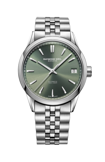 Raymond Weil simple Freelancer Men's Automatic Green Dial Stainless Steel Bracelet Watch, 40 mm 2741-ST-52001
