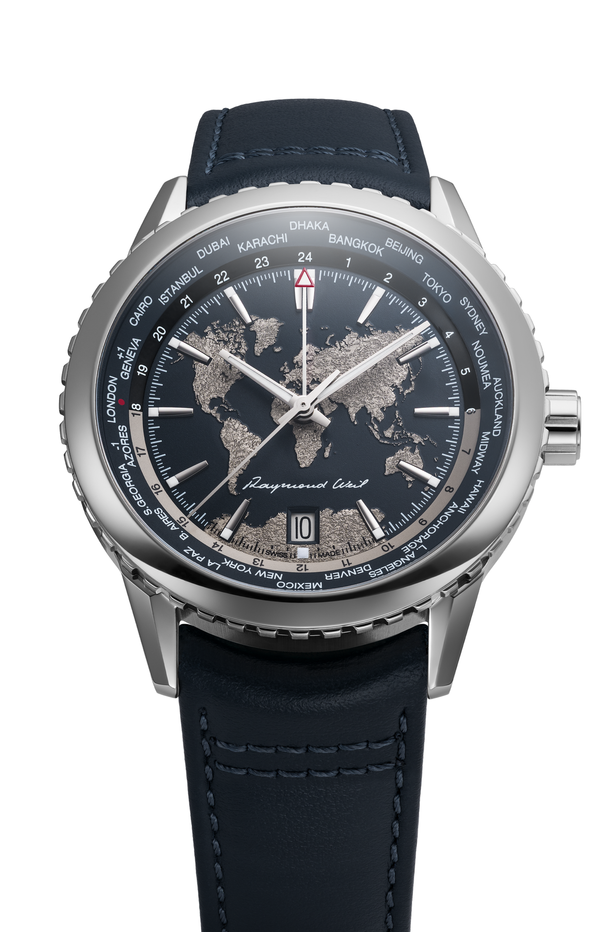 Raymond Weil simple Freelancer Men's World-Traveller GMT Blue Dial Leather Automatic Watch, 40 mm 2762-STC-02026
