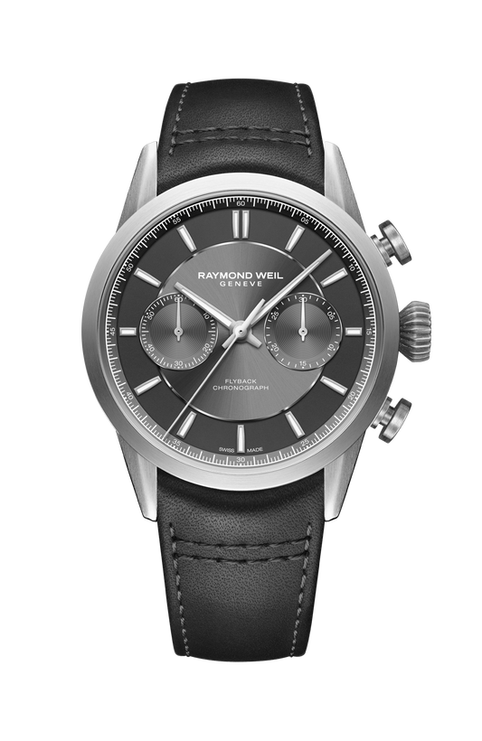 Raymond Weil simple Freelancer Men's Pilot Flyback Chronograph Leather Automatic Grey Dial Watch, 42 mm 7783-TIC-60001