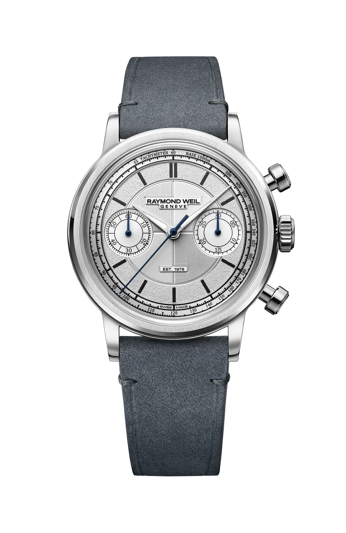 Raymond Weil simple Millesime 'The Fifty' Bi-Compax Chronograph Silver Sector Dial Watch, 37 mm 1976-SGC-65001