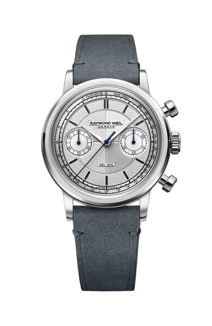 Raymond Weil simple Millesime 'The Fifty' Bi-Compax Chronograph Silver Sector Dial Watch, 37 mm 1976-SGC-65001