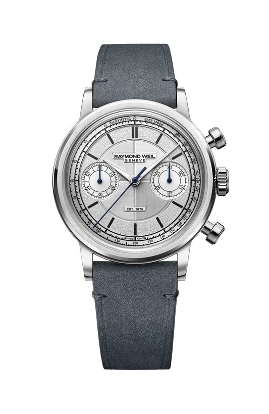 Raymond Weil simple Millesime 'The Fifty' Bi-Compax Chronograph Silver Sector Dial Watch, 37 mm 1976-SGC-65001