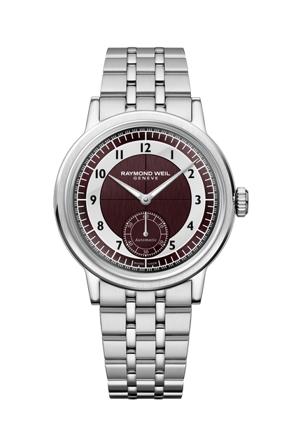 Raymond Weil simple Millesime Men's Automatic Small Seconds Tuxedo Burgundy and Light Grey Dial Bracelet Watch, 39 mm 2930-ST-05450