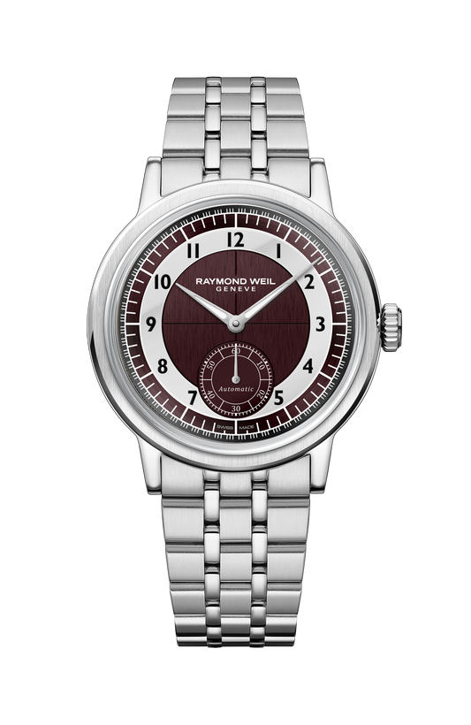 Raymond Weil simple Millesime Men's Automatic Small Seconds Tuxedo Burgundy and Light Grey Dial Bracelet Watch, 39 mm 2930-ST-05450