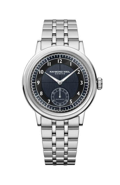 Raymond Weil simple Millesime Men's Automatic Small Seconds Tuxedo Midnight Blue and Black Dial Bracelet Watch, 39 mm 2930-ST-05502