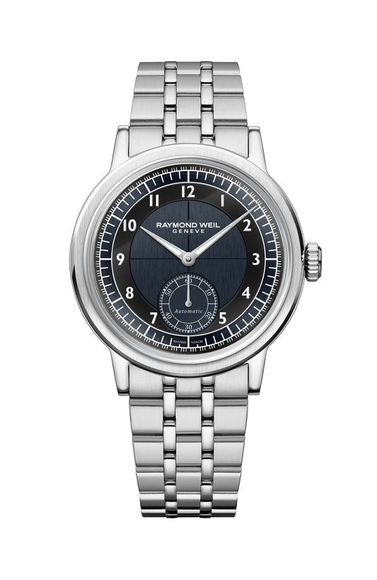 Raymond Weil simple Millesime Men's Automatic Small Seconds Tuxedo Midnight Blue and Black Dial Bracelet Watch, 39 mm 2930-ST-05502