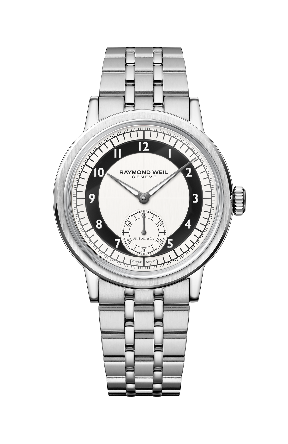 Raymond Weil simple Millesime Men's Automatic Small Seconds Tuxedo Black and White Dial Bracelet Watch, 39 mm 2930-ST-05642