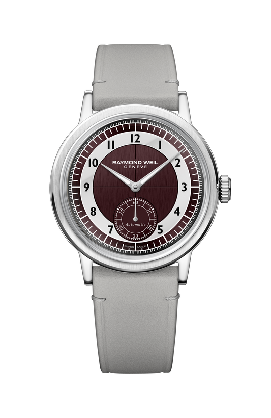 Raymond Weil simple Millesime Men's Automatic Small Seconds Tuxedo Burgundy and Light Grey Dial Watch, 39 mm 2930-STC-05450
