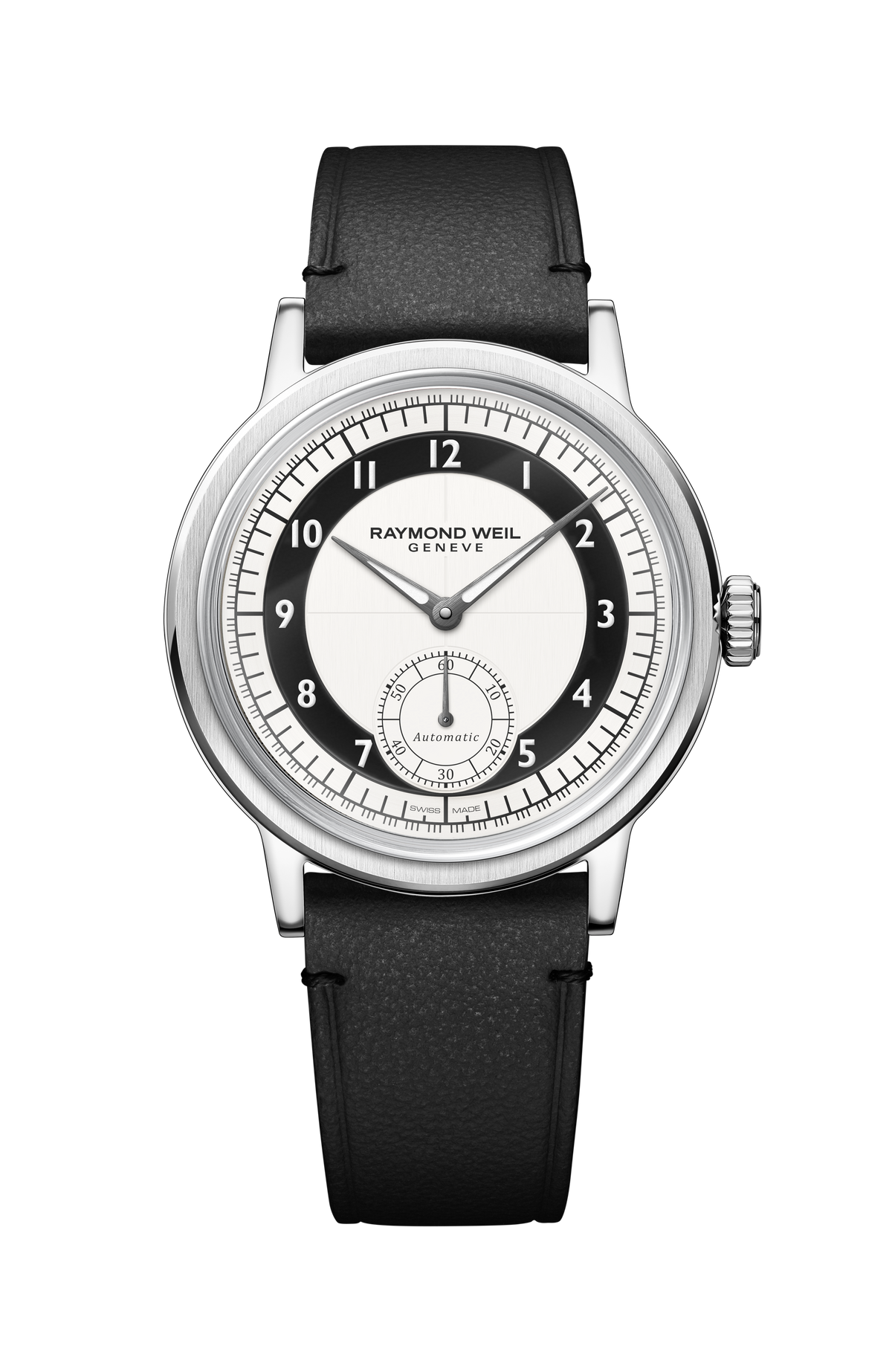 Raymond Weil simple Millesime Men's Automatic Small Seconds Tuxedo Black and White Dial Watch, 39 mm 2930-STC-05642