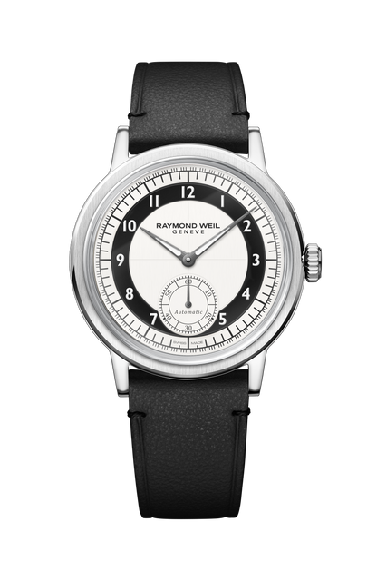 Raymond Weil simple Millesime Men's Automatic Small Seconds Tuxedo Black and White Dial Watch, 39 mm 2930-STC-05642