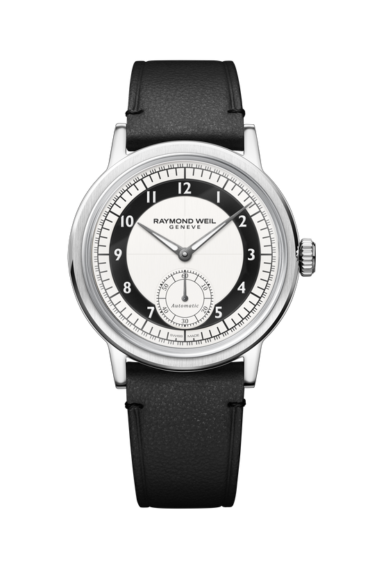 Raymond Weil simple Millesime Men's Automatic Small Seconds Tuxedo Black and White Dial Watch, 39 mm 2930-STC-05642