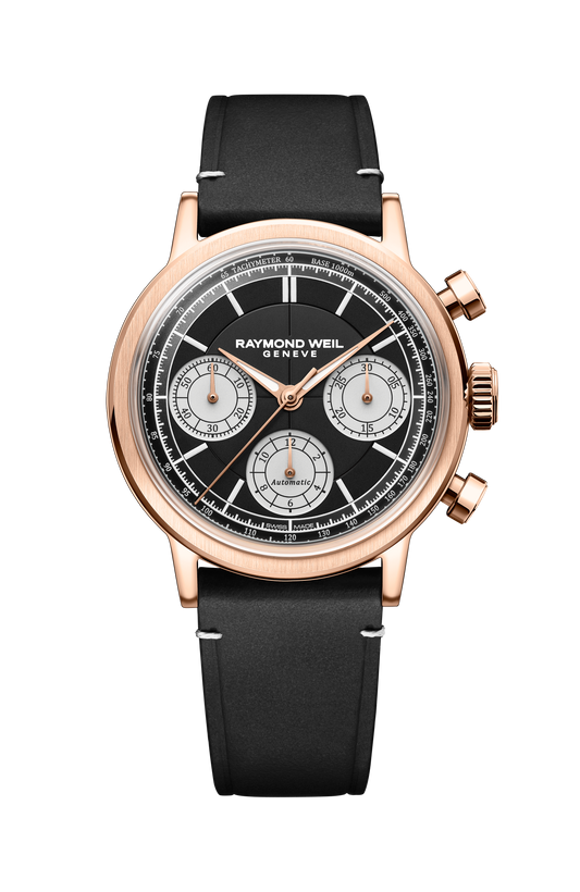 Raymond Weil simple Millesime Automatic Tri-Compax Chronograph Black Sector Dial Watch, 39 mm 7765-PC5-20631