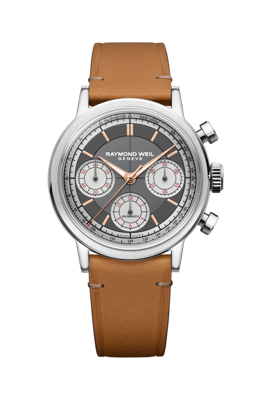 Raymond Weil simple Millesime Automatic Tri-Compax Chronograph Leather Strap Watch, 39 mm 7765-STC-60651