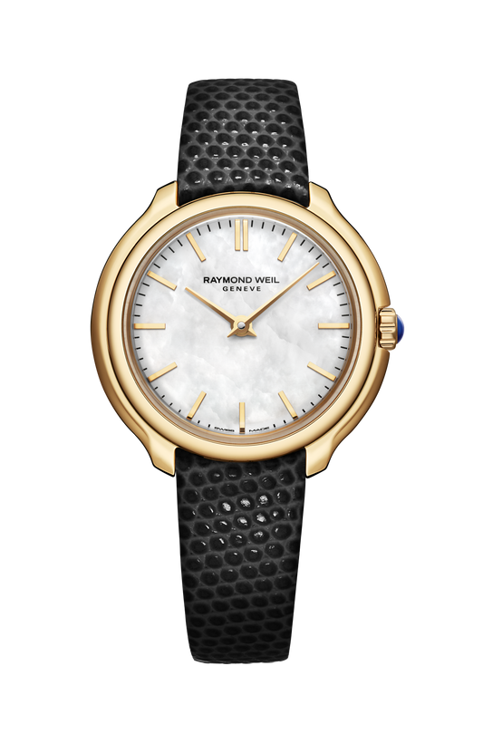 Raymond Weil simple Toccata Ladies Heritage Yellow Gold PVD White Mother-of-Pearl Leather Quartz Watch, 28 mm 5250-PC-97001