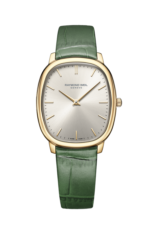 Raymond Weil simple Toccata Heritage Old Silver Dial Green Leather Strap Quartz Watch, 31 x 36 mm 5280-PC-64001