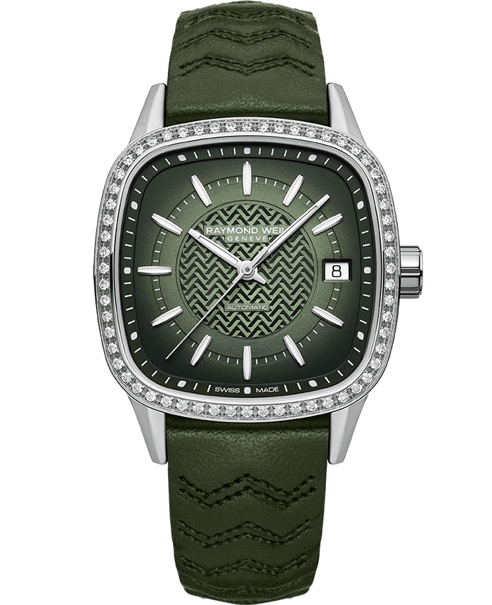 Freelancer Ladies Automatic 60 Diamonds Green Dial Leather Strap Watch, 34.5 x 34.5mm