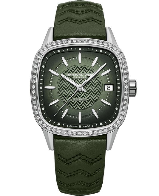 Freelancer Ladies Automatic 60 Diamonds Green Dial Leather Strap Watch, 34.5 x 34.5mm