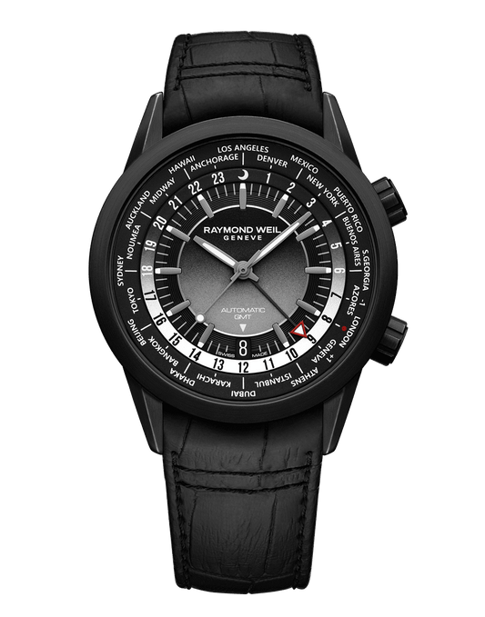 Freelancer Men's GMT Worldtimer Black Dial Leather Strap Watch, 41mm