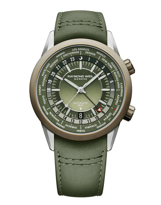 Freelancer Men's GMT Worldtimer Green Dial Leather Strap Watch, 41mm