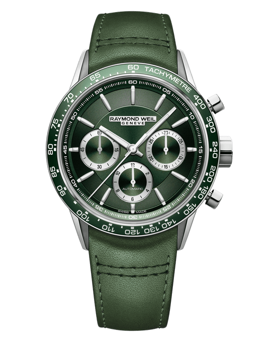 Freelancer Men's Automatic Chronograph Green Dial Leather Strap Watch, 43.5mm