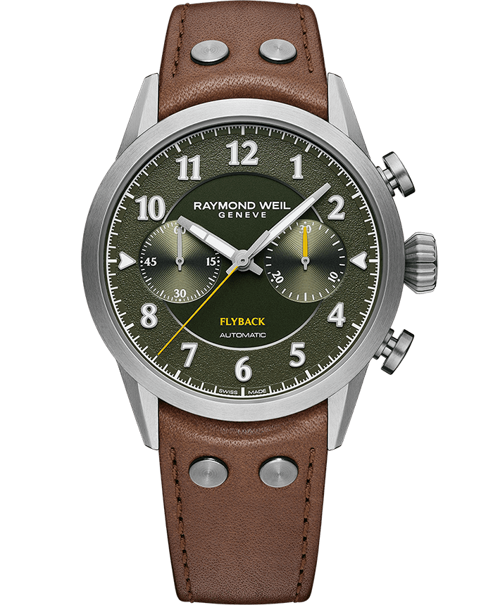 Freelancer Men's Pilot Flyback Chronograph Green Dial Brown Leather Strap Watch, 42MM