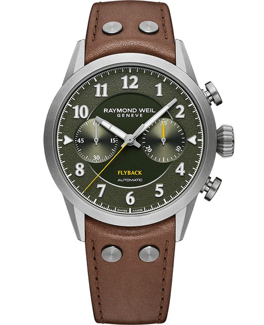 Freelancer Men's Pilot Flyback Chronograph Green Dial Brown Leather Strap Watch, 42MM