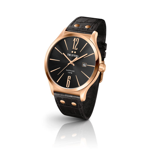 TW Steel Slim Line 45mm PVD Rose Gold Plated Sunray Black On Turn Edge Leather Strap TW1303