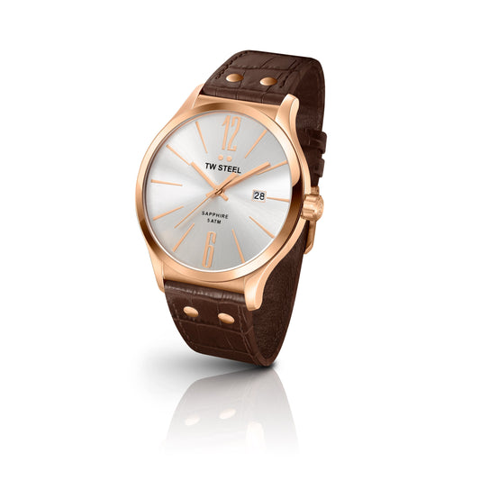 TW Steel Slim Line 45mm PVD Rose Gold Plated Sunray Silver On Turn Edge Leather Strap TW1304