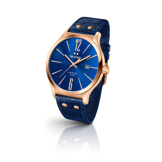 TW Steel Slim Line 45mm PVD Rose Gold Plated Sunray Blue On Turn Edge Leather Strap TW1305