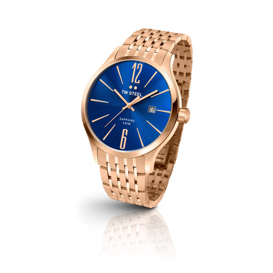 TW Steel Slim Line 45mm PVD Rose Gold Plated Sunray Blue On PVD Rosegold Plated Bracelet TW1309