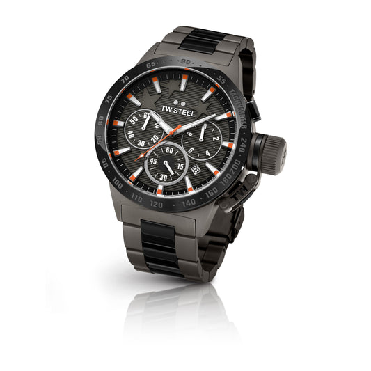 TW Steel Canteen 50mm PVD Dark Titanium Plated Chronograph With Orange Accents On Bracelet TW314