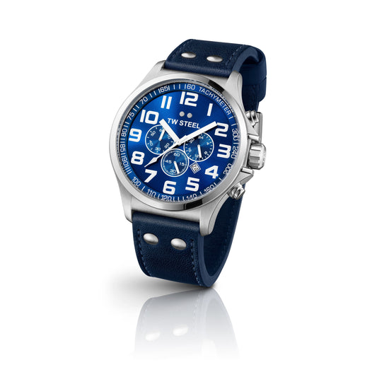 TW Steel Pilot 45mm Steel Chronograph Blue On Leather Strap TW402