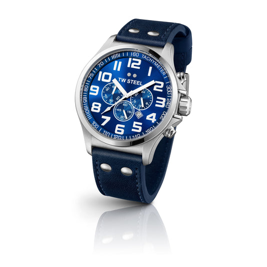 TW Steel Pilot 48mm Steel Chronograph Blue On Leather strap TW403