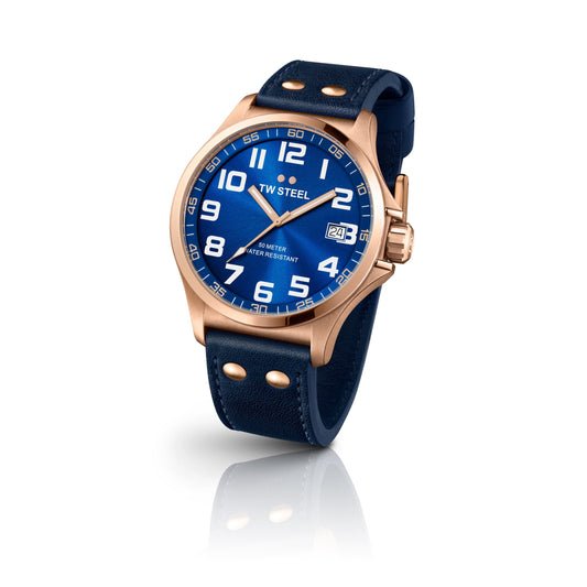 TW Steel Pilot 45mm PVD Rose Gold Plated Blue On Leather Strap TW404